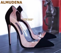 almudena newest color patchwork pvc high heels transparent stiletto heels 12cm dress pumps shallow pointed toe wedding shoes