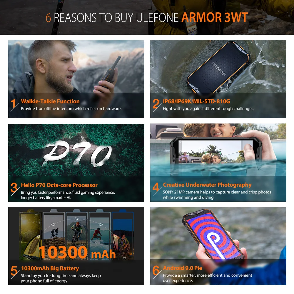 Ulefone-M&oacute;vil inteligente Armor 3WT, resistente, con walkie-talkie, Android 9.0, 6GB de RAM, 64GB de ROM, bater&iacute;a de 10300mAh, NFC, 4G, Globalvision-1