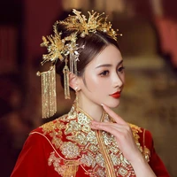 handmade bride golden xiuhe headdress newest wedding chinese vintage style phoenix crown hair accessories