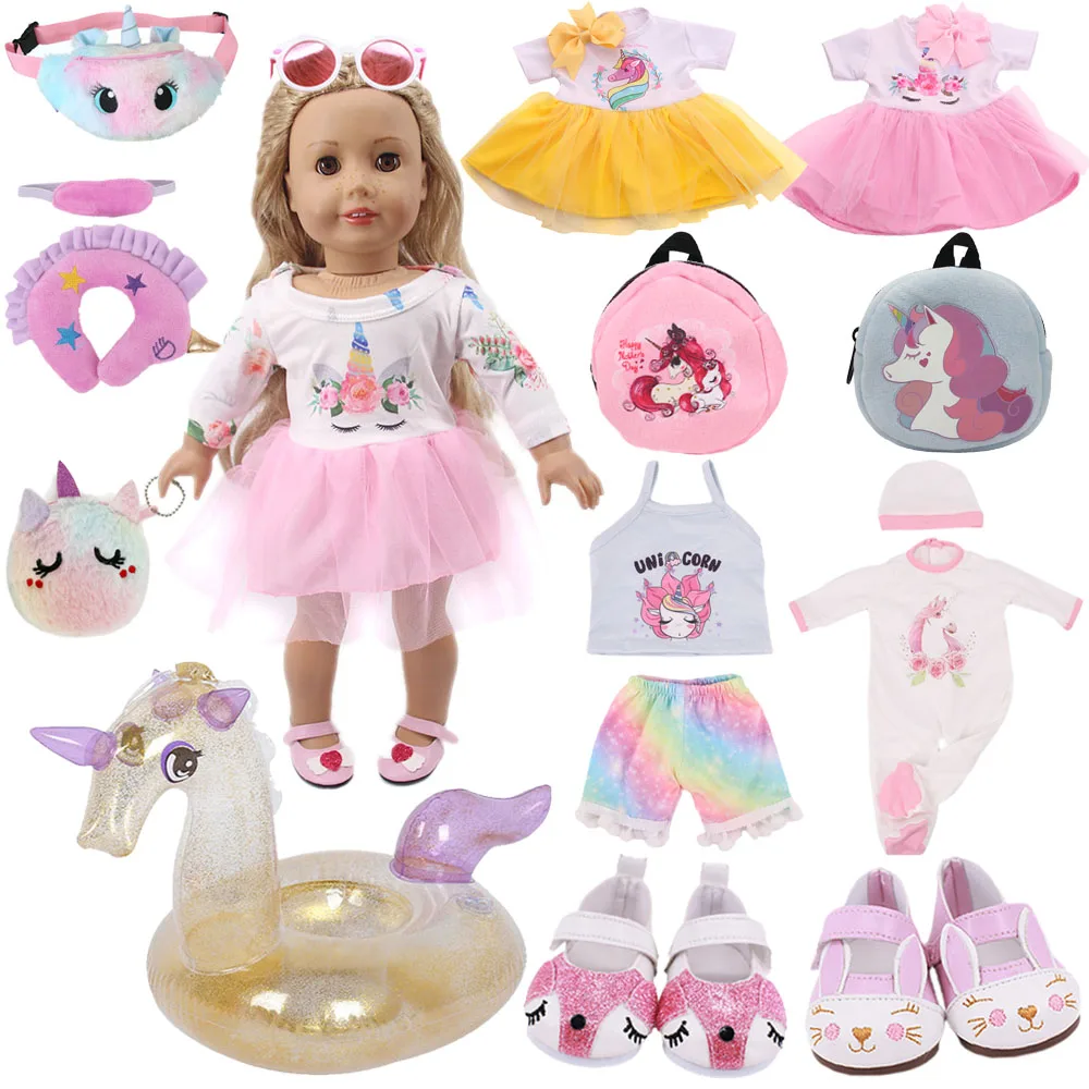 

43cm Reborn New Born Baby Doll Unicorn Clothes Dress Shoes Backpack Fanny Waist Bag Cartoon Accessories 18 Inch American of girl