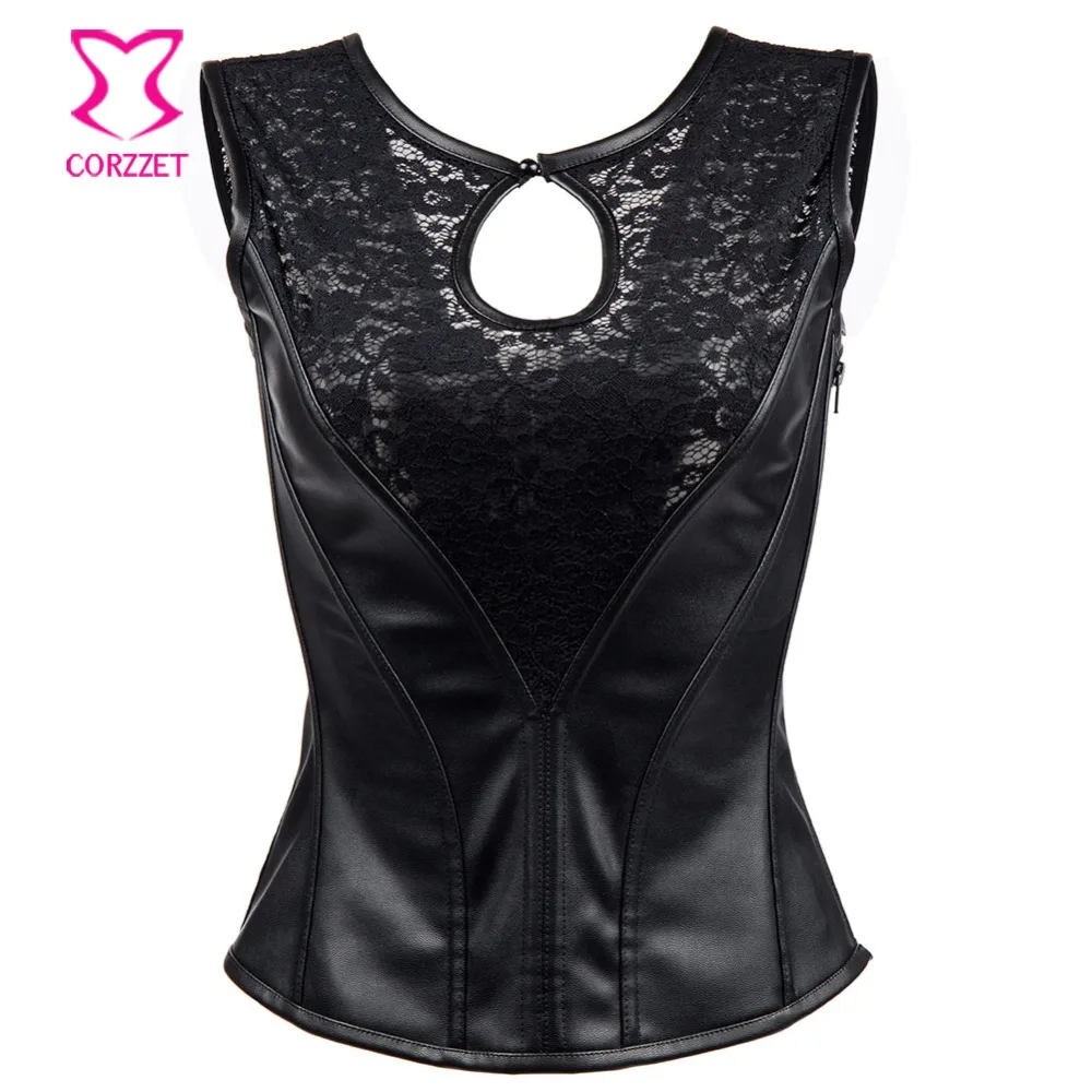Корсет женский в готическом стиле Черная кружевная кожаная майка на молнии сбоку