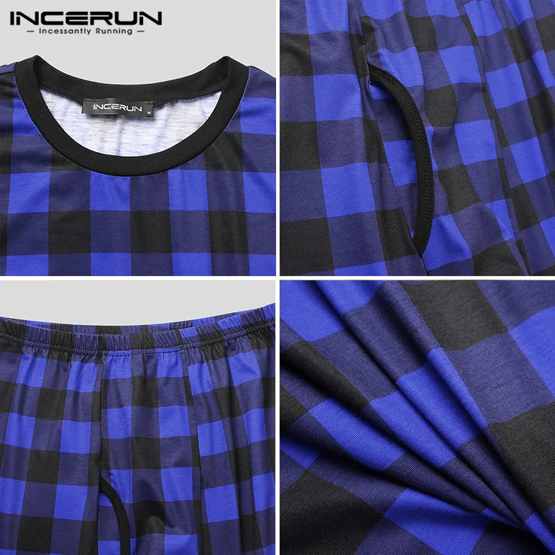 

Men Plaid Pajama Sets Leisure Long Sleeve Round Neck Tops Elastic Pants 2 Pieces Autumn Breathable Man Homewear Suit 5XL INCERUN