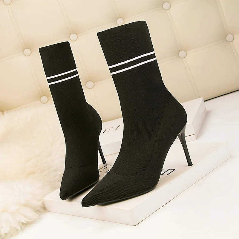 Женские трикотажные эластичные ботинки на высоком каблуке|Женские полусапожки| |