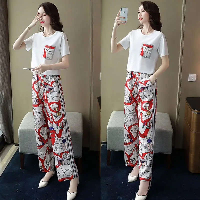 

Two-piece Fashion Wide-leg Pants Suit Women's Summer 2021 New Korean Version Loose and Thin Temperament Printing