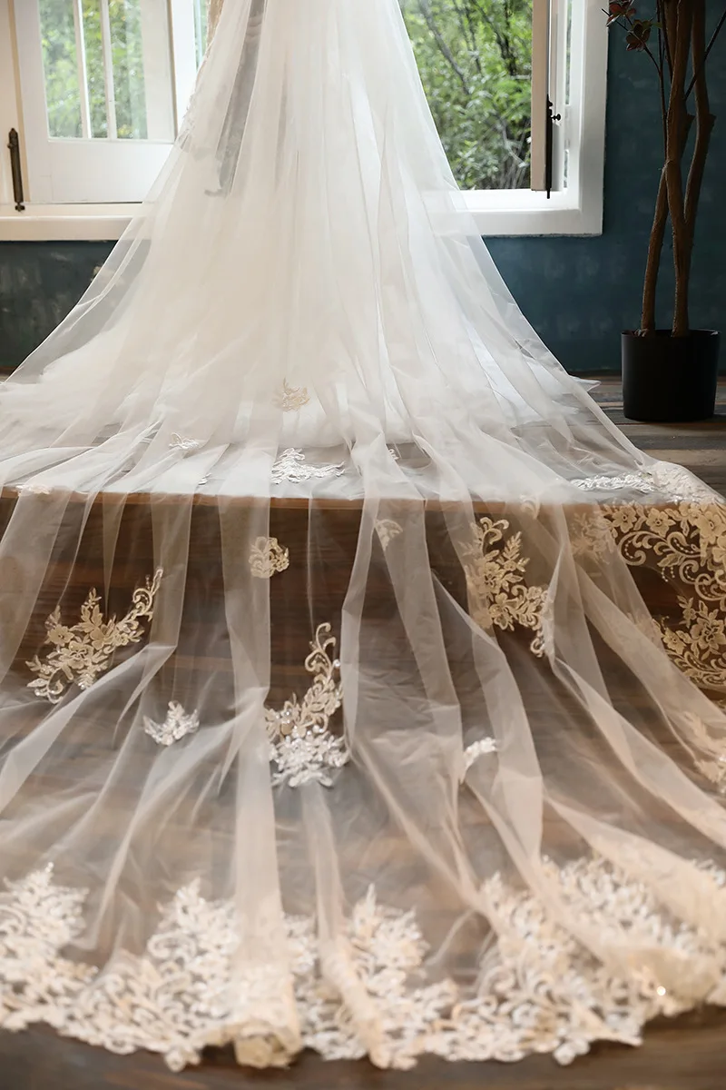 Женская двухслойная фата из тюля с кружевной аппликацией и блестками | Свадьбы