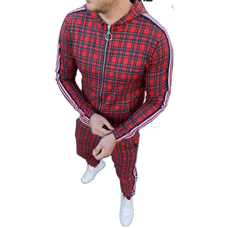 Men Fitness Suit Lattice Striped Letters Zipper With Hood Sports 2-piece Outdoor Sportswear Running | Спорт и развлечения