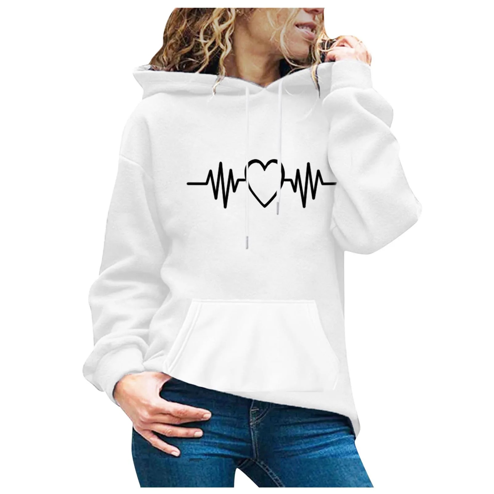2021 Valentine's Day Love Cardiogram Printing Sweatshirt Women Print Long Sleeve Casual Hooded Casual Pullover Top Blouse #dz