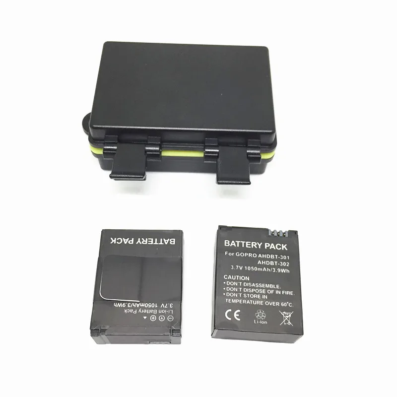Аксессуары 2 шт литий-ионная батарея 3,7 V 1050mAh AKKU сменные батареи+ 1 шт 5 м водонепроницаемый аккумулятор коробка для камеры Gopro Hero3+/3