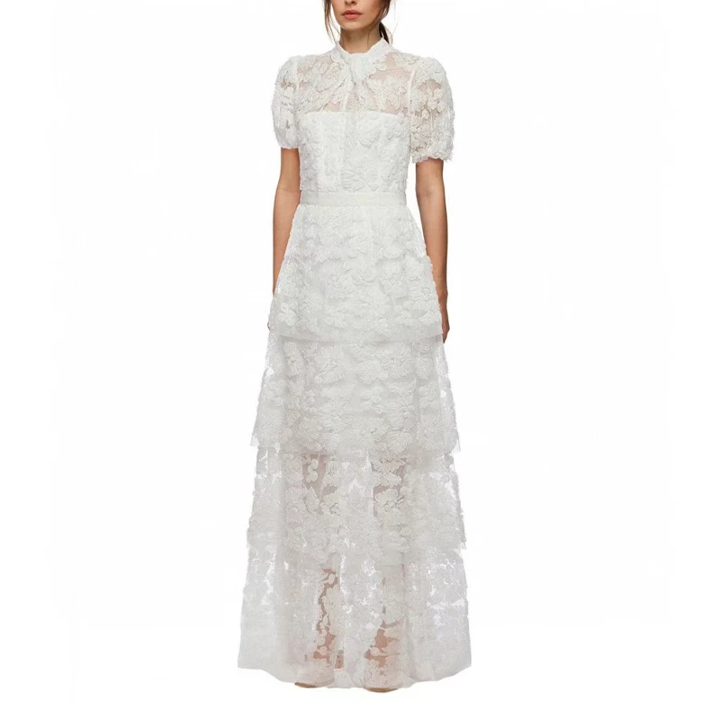 

2021 летнее женское длинное платье-торт, кружевное платье с рукавами-лепестками и элегантным белым эластичным поясом