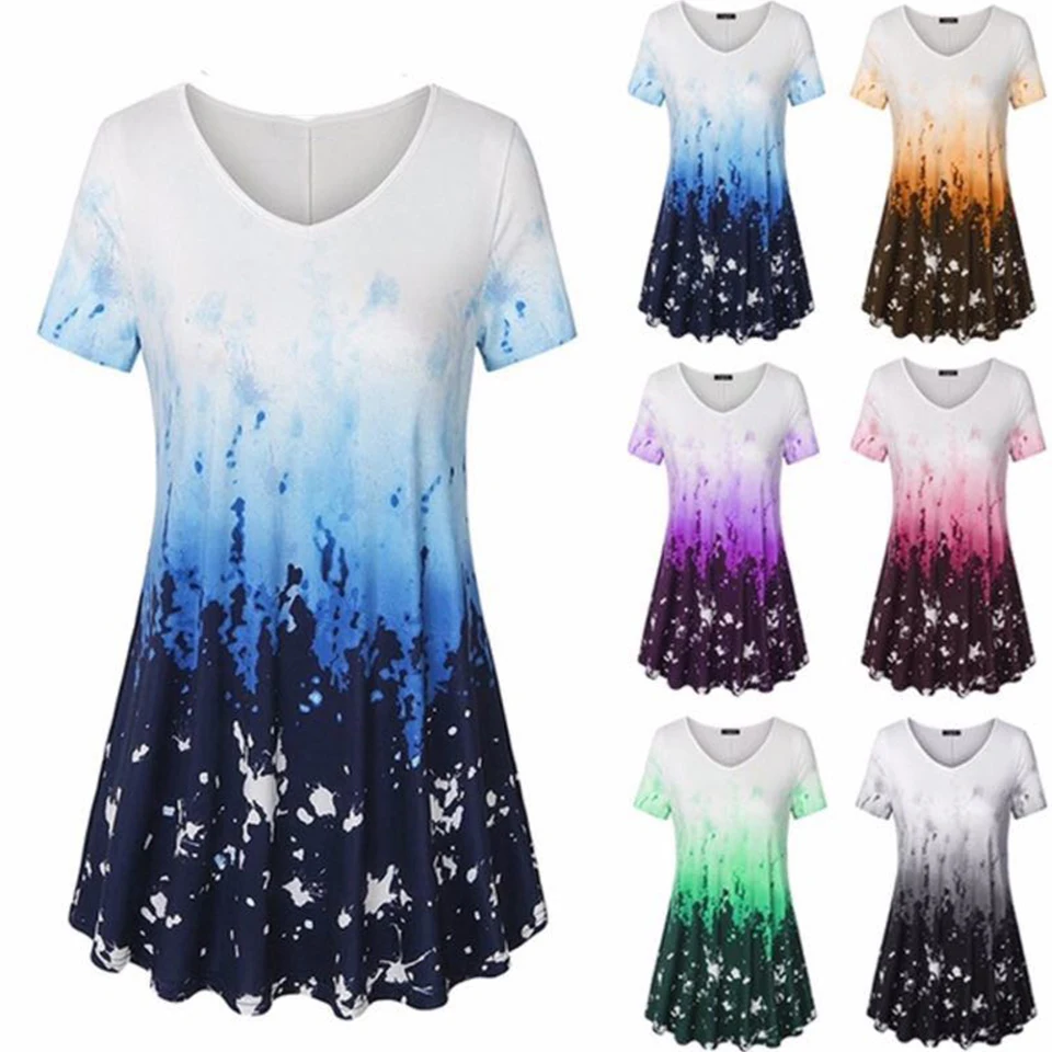 

Painting T Shirt Women 2020 Short Sleeve Harajuku Splatter Ombre Gradient Color T Shirt Plus Size Clothing 4xl 5xl Elegant Shirt