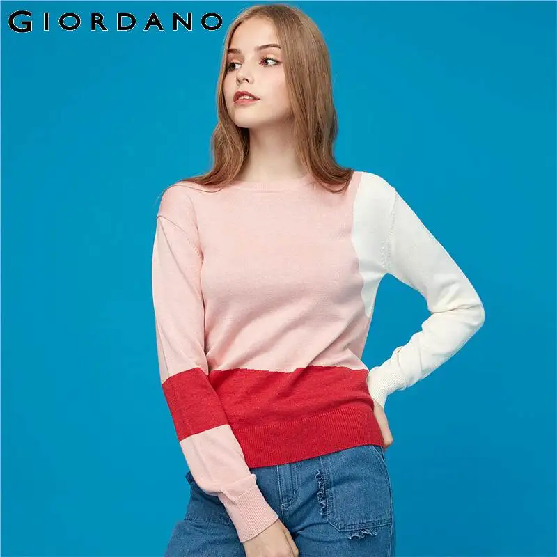 Женский свитер Giordano контрастный трикотажный пуловер с круглым вырезом тонкие