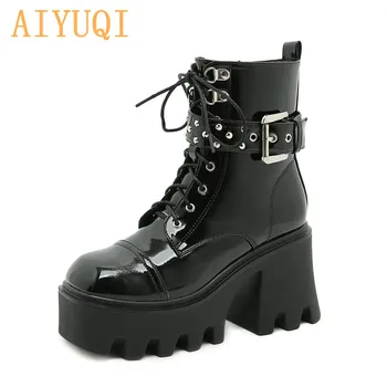 Knight Boots Women Platform 2021 New Autumn Patent Leather Thick-soled Women Ankle Boots Lace-up Buckle Martin Boots Women