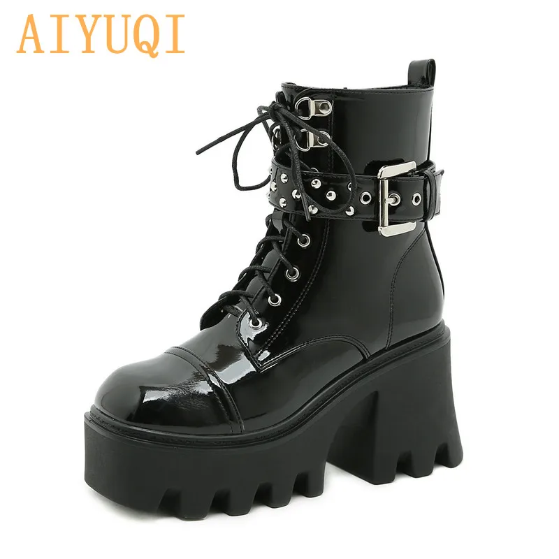 Рыцарские сапоги 2021 г. Новые осенние женские ботильоны из лакированной кожи на