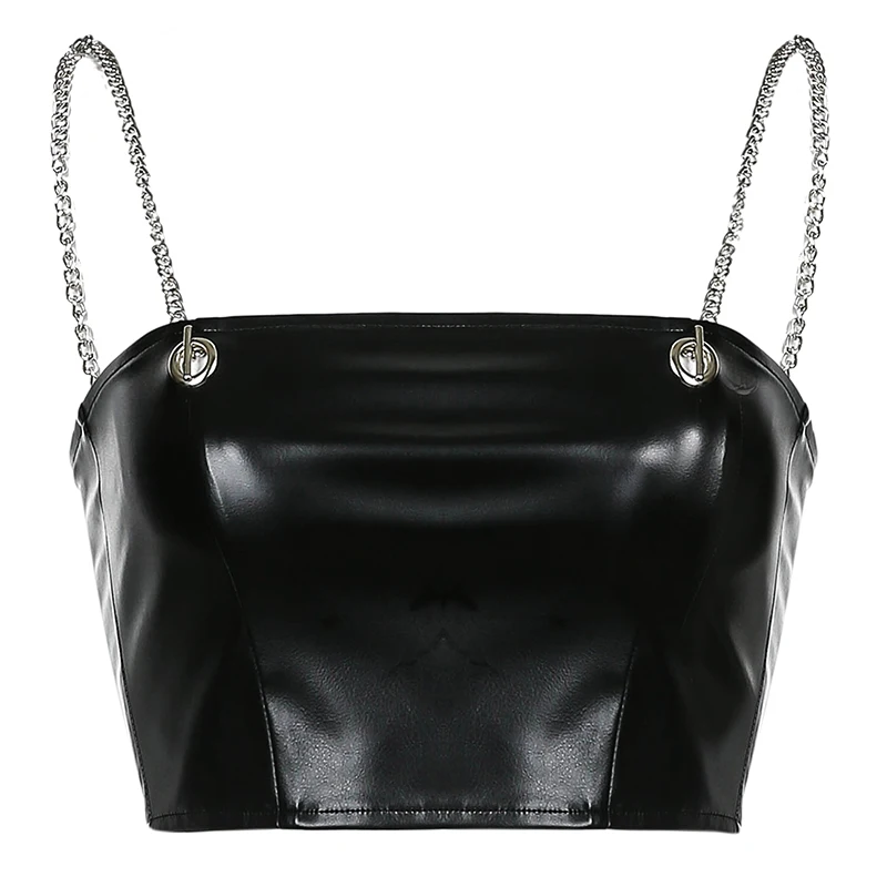 

Rockmore Gothic PU Leather Chain Sleeveless Tank Tops Tees Women Black Cropped Top Summer Basic Cami Y2K Mini Vest Streetwear