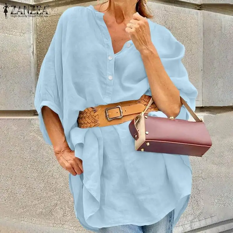 

Осенняя женская блузка с рукавом до локтя, Универсальные однотонные модные повседневные элегантные топы ZANZEA, богемная Праздничная туника д...