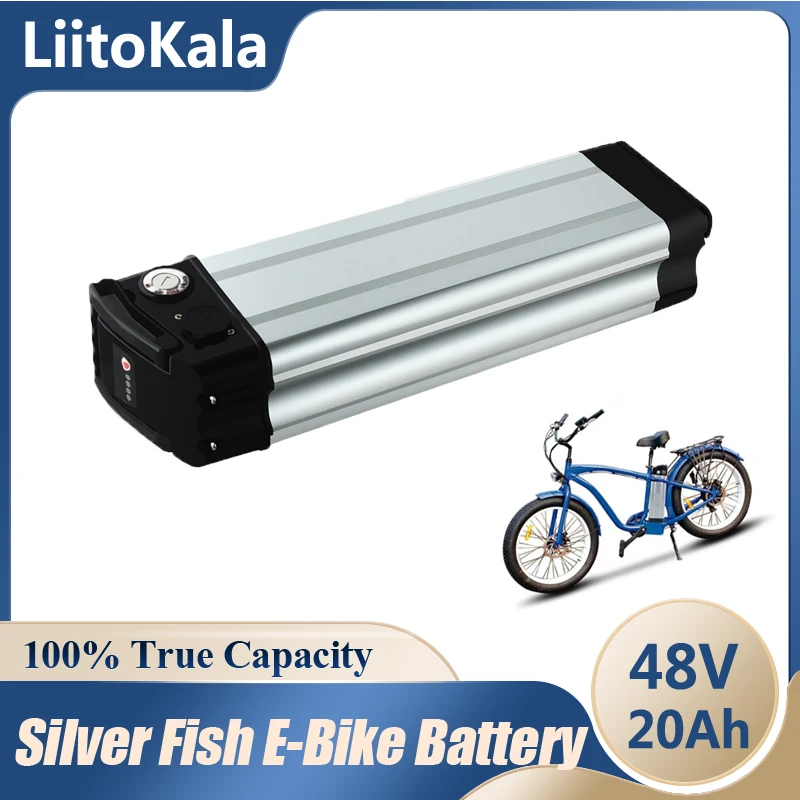

Велосипедный электровелосипед LiitoKala, литиевая батарея 48 В 20 Ач, с нижним разрядом, серебристая батарея для рыбы, 20 А, BMS