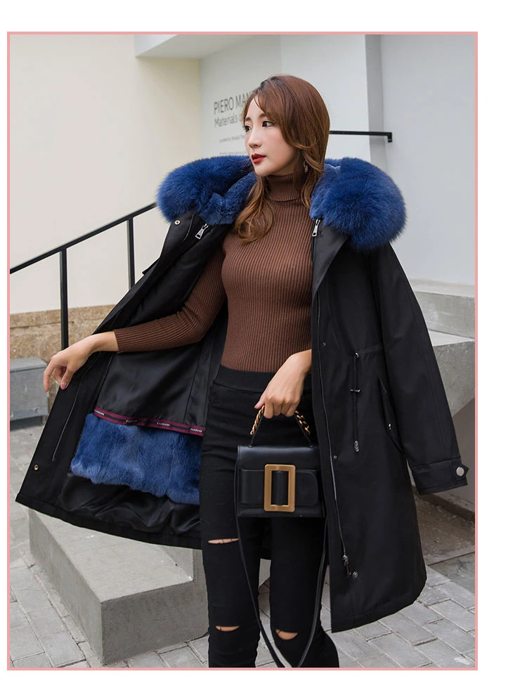 Модное женское длинное пальто с капюшоном и подкладкой из кроличьего меха парки