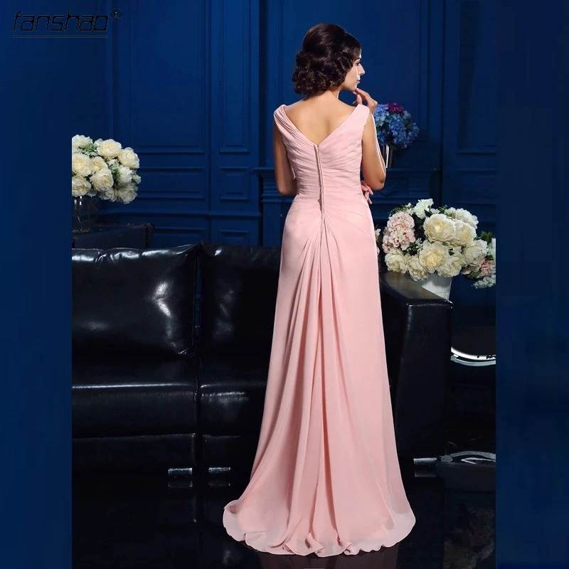 

Fanshao Lovely Pink Chiffon Evening Dresses V Neck Sleevless Pleat Draped Beading Sequin Formal Occasion Gowns Stylish