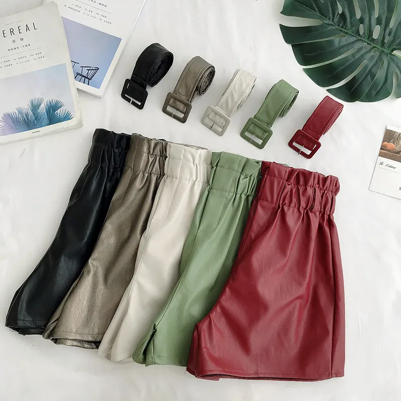 Повседневные шорты из искусственной кожи для женщин с высокой талией и поясом