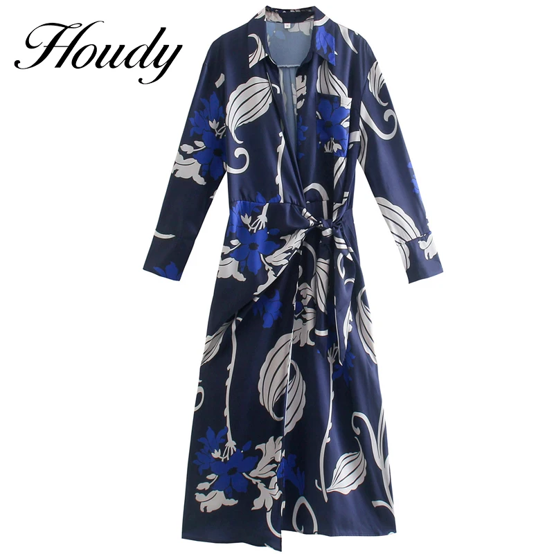 

New Women Vintage Totem Floral Print Lace Up Wrap A Line Midi Dress Female Long Sleeve Casual Slim Kimono Vestidos