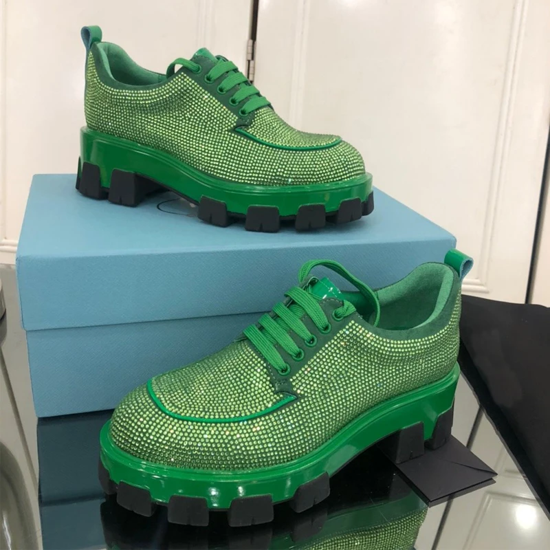 

Autumn New Style Round Toe Thick Heel Lace-up Casual Shoes Genuine Leather Platform Rhinestone Decoration Women's Bling Shoes