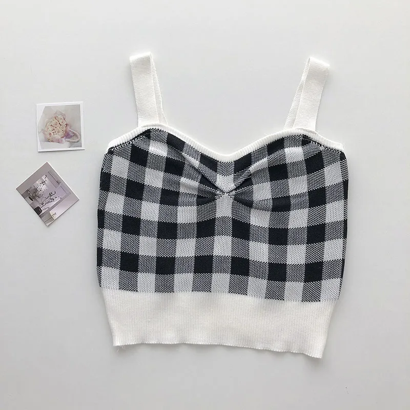 Женские клетчатые вязаные топы с жемчужным дневником короткие шикарные без