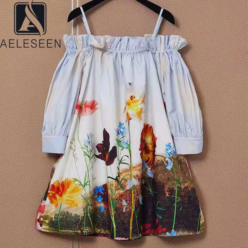 AELESEEN Runway Fashion 100% Cotton Blouse Spring Autumn Puff Sleeve Slash Neck Spaghetti Strap Flower Print Casual Tops Blouse