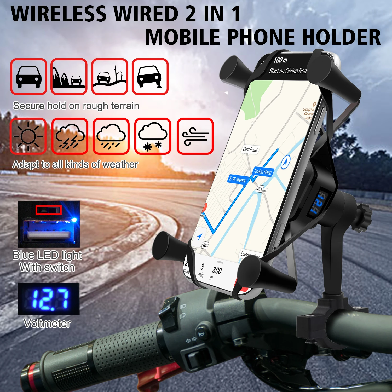 Держатель для телефона мотоцикла с зажимом Беспроводная зарядка вольтметром x