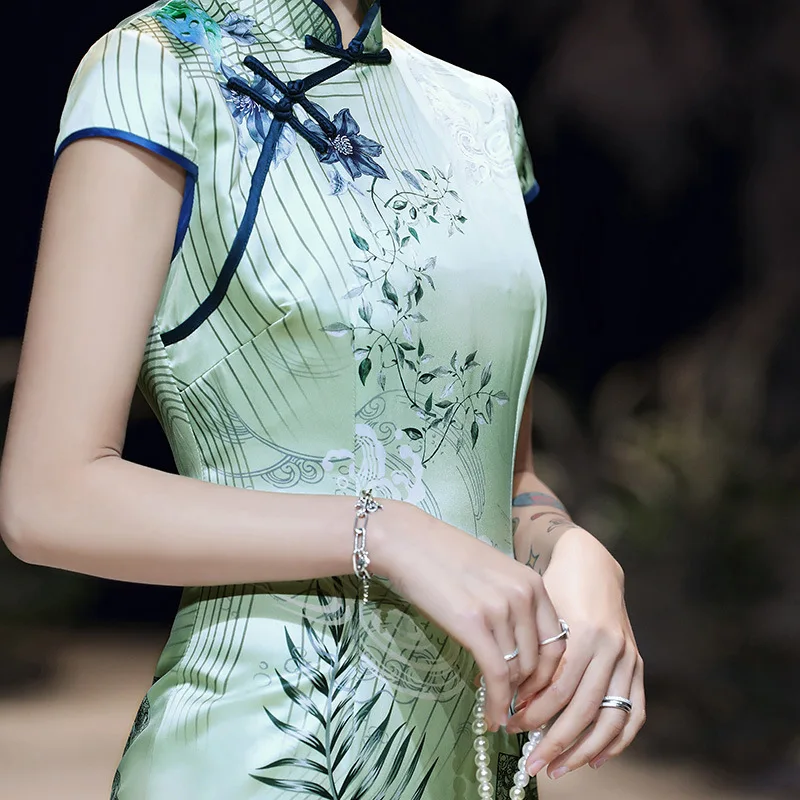 

4XL Big Size Women Long Chinese Style Cheongsam Dress Fashion Slim Qipao Print Fan Floral Elegant Party Prom Dress