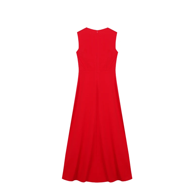 YIGELILA Women Red Long Dress Summer V-neck Sleeveless Bow Slim Solid Ankle-length A-line 669100 | Женская одежда