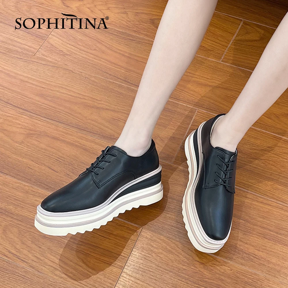 

Женские туфли на танкетке SOPHITINA, мягкие кожаные туфли на платформе, с квадратным носком, на шнуровке, в стиле ретро, удобная обувь на плоской ...