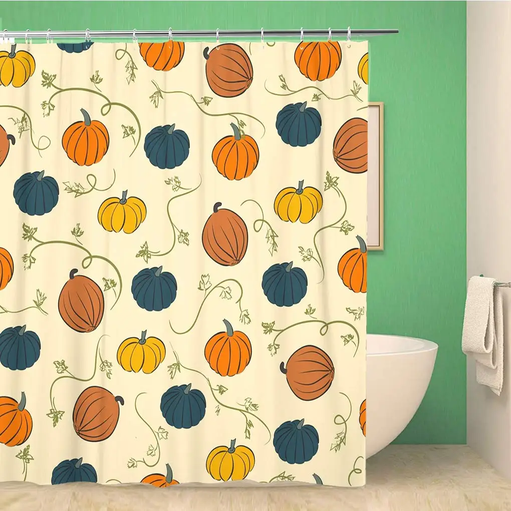Занавеска для душа в ванную комнату синие ветки тыква узор цветная Осенняя яркая