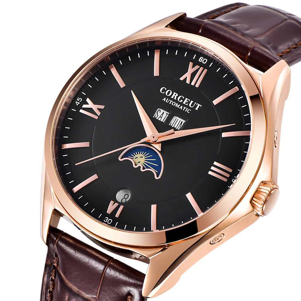 Мужские механические Автоматические наручные часы Moon Phase водонепроницаемые из