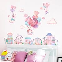 baby room 3d building rabbit air balloon wall sticker adhesive cartoon kids bedroom nursery bunny wall decal