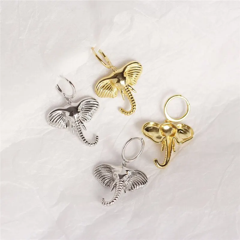 

A00968 100% 925 Sterling Silver Creative Auspicious Golden Elephant Pendant Big Studs Earrings for Women Punk Fine Jewelry