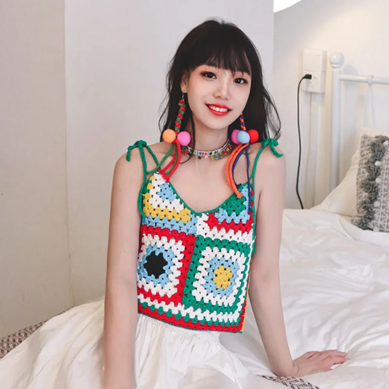 Пляжный богемный вырезанный топ в японском стиле для девушек вязаный крючком с