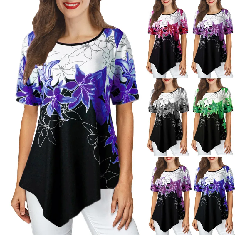 

QNPQYX New Arrival Women Print Round Neck Tops Summer Cotton Short Sleeve Loose T-shirt Fashion Stitching Color Irregular Tops