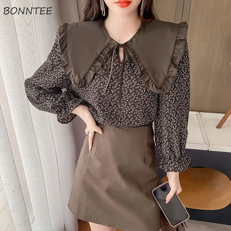 

Blouses Women Peter Pan Collar Patchwork All-match Print Cozy Vintage Leisure Autumn New Stylish Female College Korean Style Fit