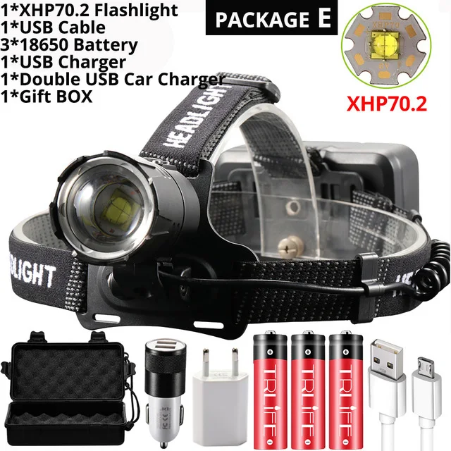 Package E XHP70.2 светодиодный налобный фонарь XHP70 самый мощный желтый белый светодиодный налобный фонарь для рыбалки, кемпинга, фонарь с зумом, 3*18650 батареи - Испускаемый цвет: Package E