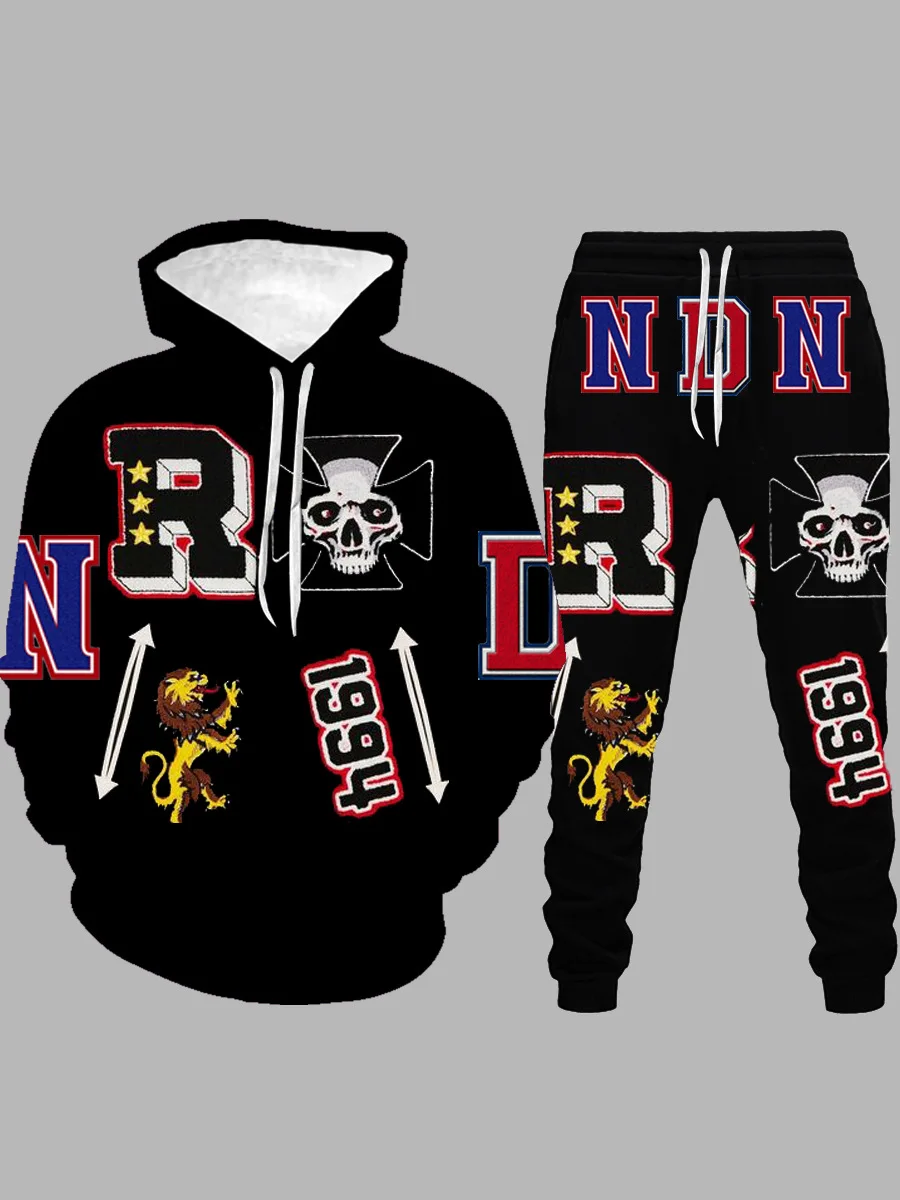

2021 New Black Cool Men's Suit Hooded Sweater and Trousers Two-Piece Digital Printing 3D Pattern Hoodie Pullover Sportswear Suit