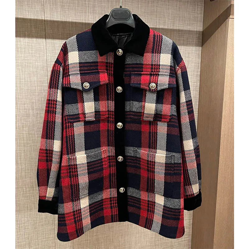 

21 Autumn Women New High Quality Red Plaid Wool Shirt Long Sleeve Turn Down Collar Single Breasted Loose Blouse Female Outwear