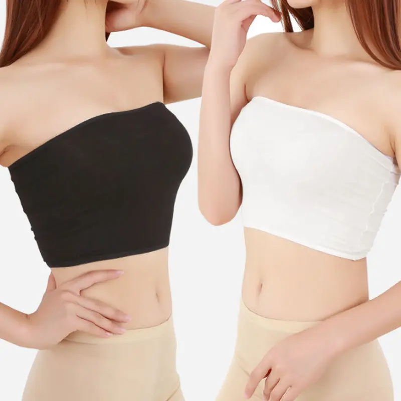 Summer Fashion Women Tube Top Ladies Basic Crop Strapless Padded Bandeau Bra Black White One Size