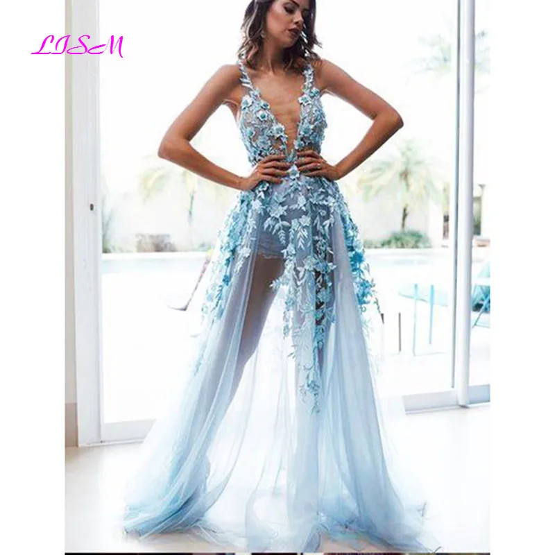 

Sexy Blue Tulle Long Prom Dresses Sexy V-Neck Ilustion Flower Special Occasion Evening Gowns Custom Made Party Dress