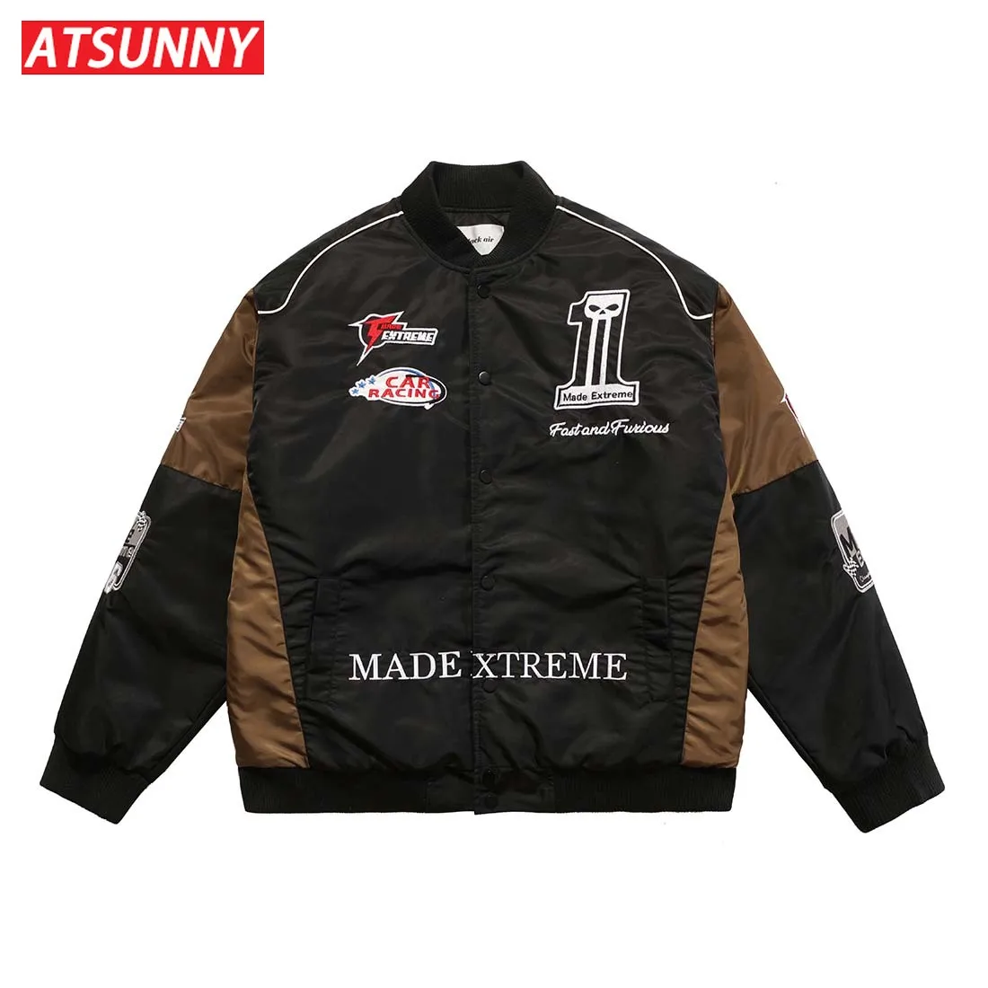ATSUNNY Racing embroidered jacket Stitching color American retro Parkas Thicken national tide autumn and winter cotton coat
