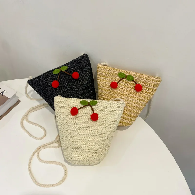 

Cherry Weave Shoulder Straw Bag For Women Retro Fashion Mini Crossbody Bag And Purses Ladies Simple Bucket Messenger Bag