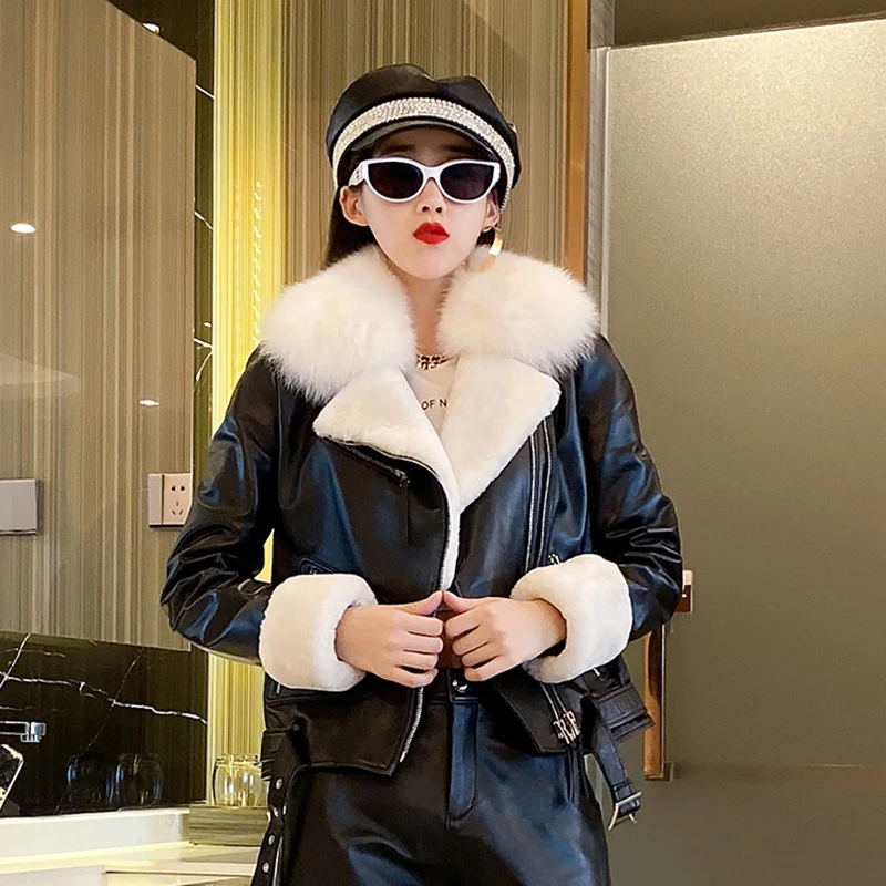 

Куртка женская из натуральной овечьей кожи, с воротником из лисьего меха, TN1690