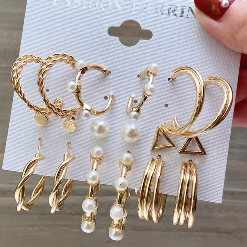 

Fashion Pearl Hoop Earrings Set For Women Geometric Gold Metal Circle Hoop Earrings 2021 Trend Jewelry Gift