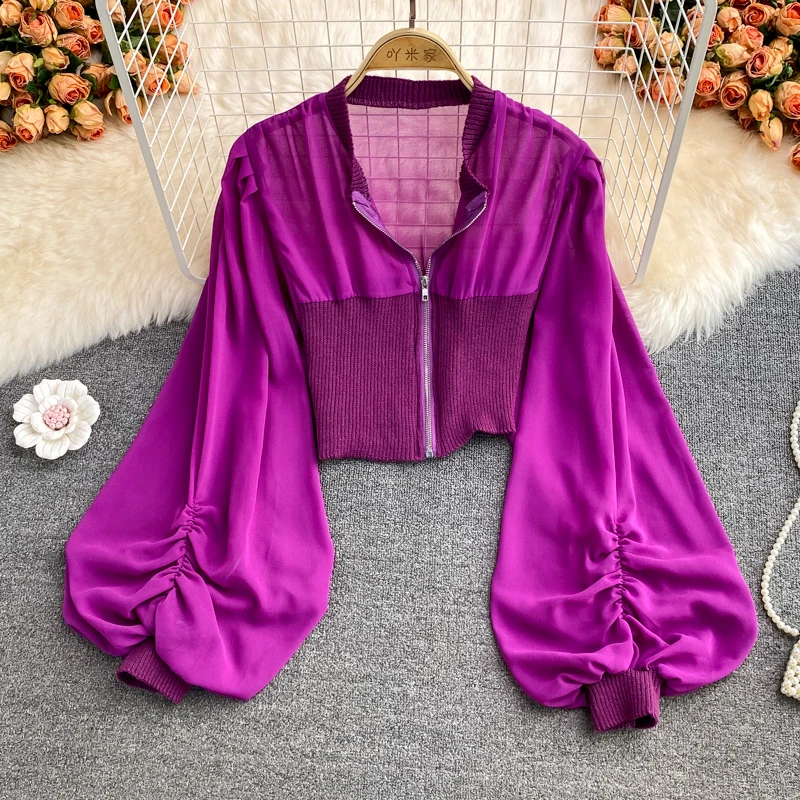 

Purple/Black/White Zipper Blouse Women Autumn Round Neck Lantern Long Sleeve Short Tops Female Vintage Patchwork Shirts 2021 New