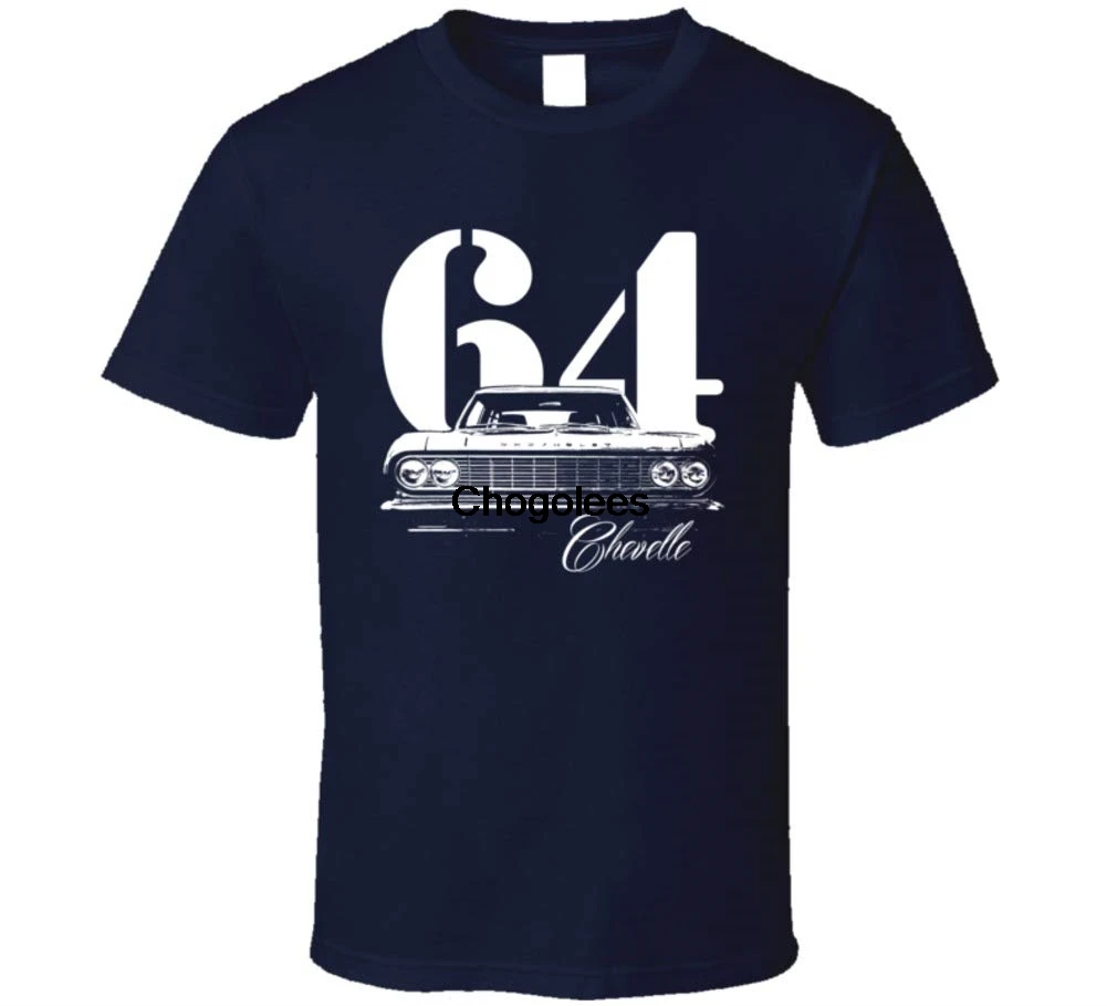 CarGeekTees 1964 Chevelle гриль вид с год и название модели темно-синяя футболка |