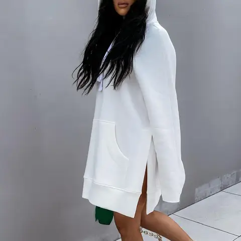 Casual Loose Women Hoodie Solid Color Drawstring Autumn Winter Soft Large Pocket Side Split Sweatshirt Sportswear FashionNew2021